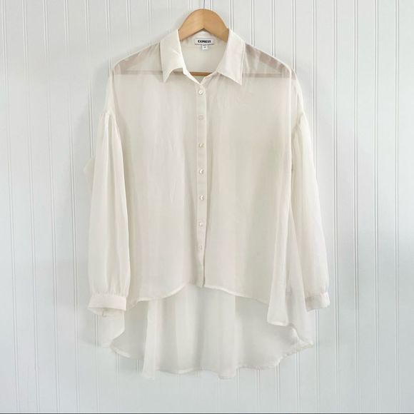 𝅺EXPRESS Sheer Hi Lo Button Down Pleated Tunic Blouse Size Small - Picture 3 of 7